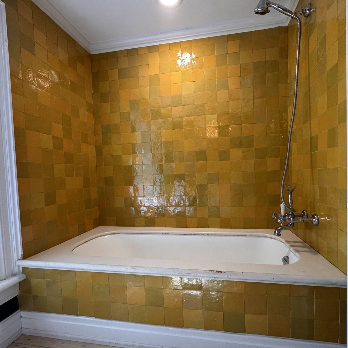 Bathroom herringbone to mustard — after